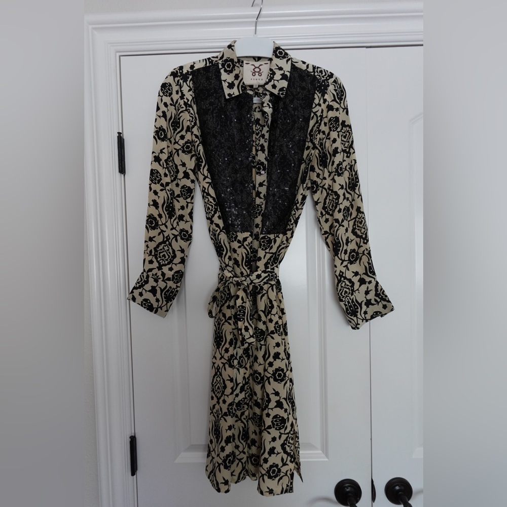 100% silk Black and Cream Sequin Floral Dress